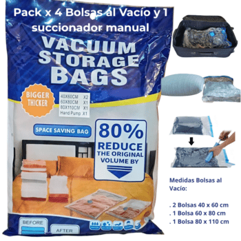 Pack 4 Bolsas al Vacío para Ropa + Succionador manual- Viajero